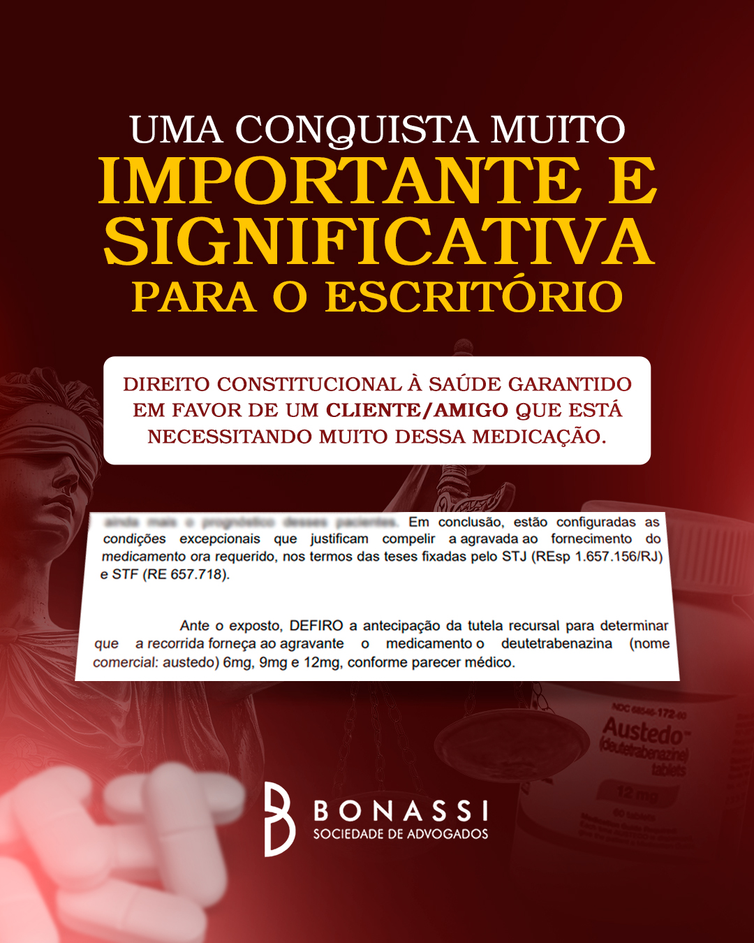 Mais que um processo, uma conquista humana! 🤝
 
Celebramos uma vitória importante para o nosso escritório, e, principalmente, para a vida de um cliente e amigo que tanto necessita dessa medicação.

Por meio do Direito Constitucional à Saúde, garantimos judicialmente o acesso a um tratamento essencial, reafirmando que saúde não é favor, é direito fundamental assegurado pela Constituição. ⚖️

Cada caso como esse reforça o propósito da Bonassi Sociedade de Advogados, lutar com técnica, responsabilidade e sensibilidade por aquilo que realmente importa, a dignidade e a vida das pessoas.

Seguimos firmes, comprometidos e humanos em cada atuação. ✅

📍 Av. Dona Francisca, 534 - Vila Rezende

📞 (19) 3421.0211

#advocacia #direitoempresarial #direitodotrabalho #direitocivil #amodireito #piracicaba #bonassiadvogados #direitodoconsumidor #direitodotrabalhador #direitoprevidenciário